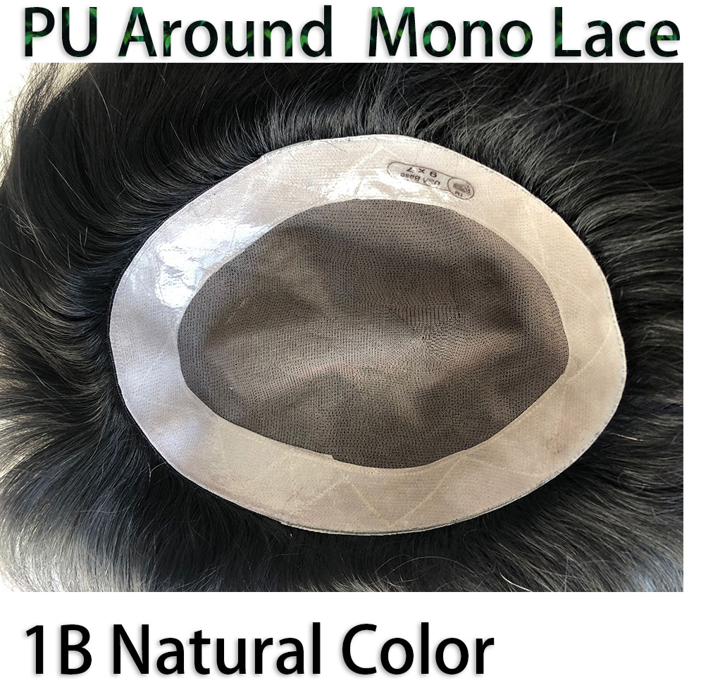 Hairpieces Replacement System For Men Swiss Lace Net With Half Pu Around Hair 100% European Remy Human Hair 10x8 - Image 22