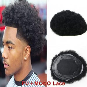 Alternative view of Human Hair Afro Curly Mens Toupee Hairpiece Wig Base with Hard PU Reforced Size 10x8 inch #1B Off Black