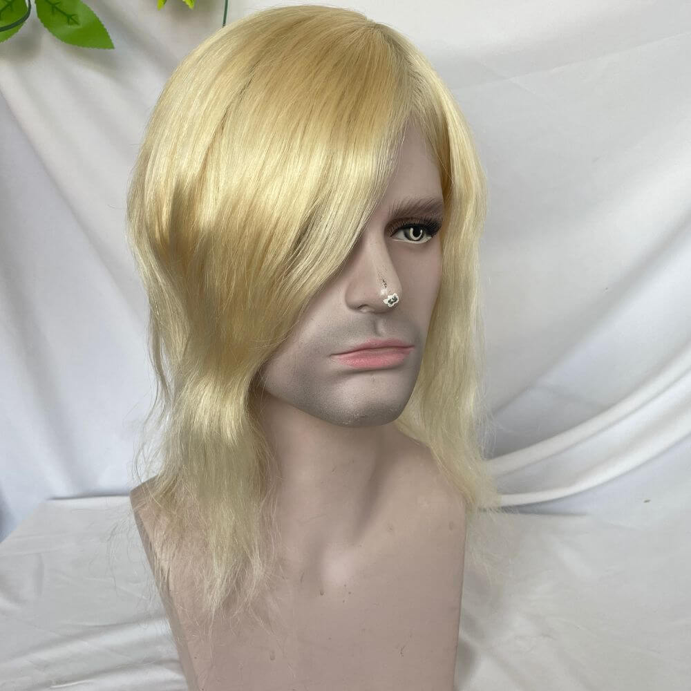 Pwigs Toupee for Men Full Thin Skin PU Cap Base 12inch Long European Human Hair Men Toupee Natural Hairline Hair System 613 Blonde Brown 1B Color Men Wigs