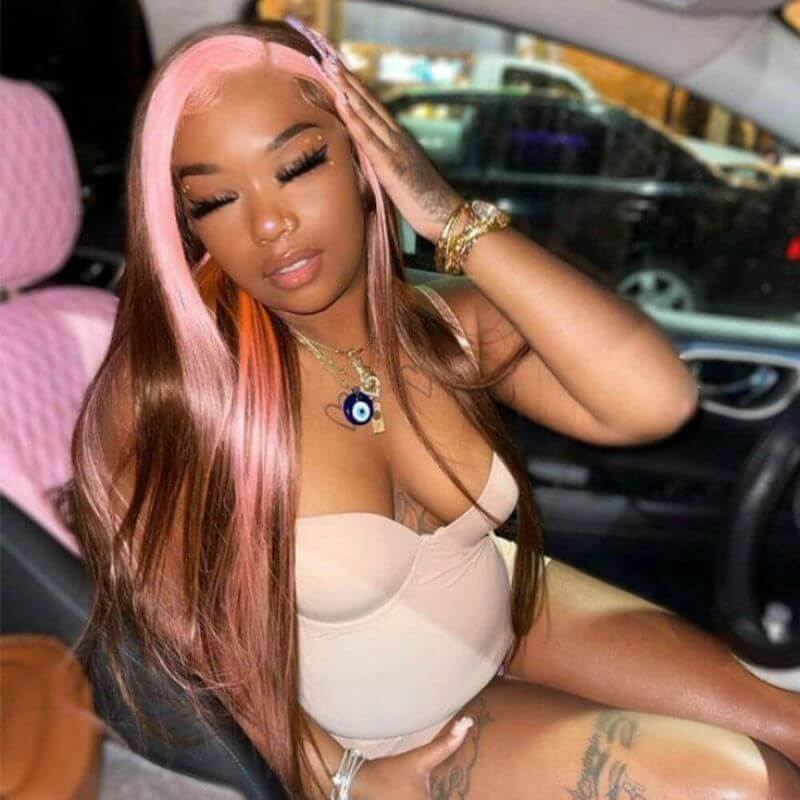 Ombre Light Pink and Brown Wigs HD Lace Front Brazilian Human Hair Wig Highlight Wigs Skunk Stripe Wigs Pre Plucked Straight Glueless Wig 150% Density Medium Cap