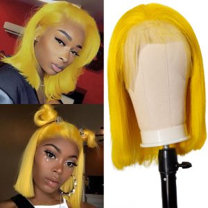 Yellow Silky Straight 13x4 Short Bob Human Hair Wigs Brazilian Remy Wig Yellow Bob Frontal Wigs For Women Pre Plucked Transparent Wigs 150%