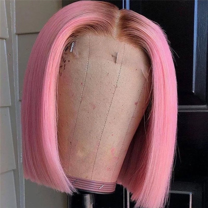 Purple Pink Ombre Lace Front Wig Straight Bob Wigs For Women Brazilian Remy Transparent Lace Wigs 1B/Pink Colored Bob Wig 150% - Image 4