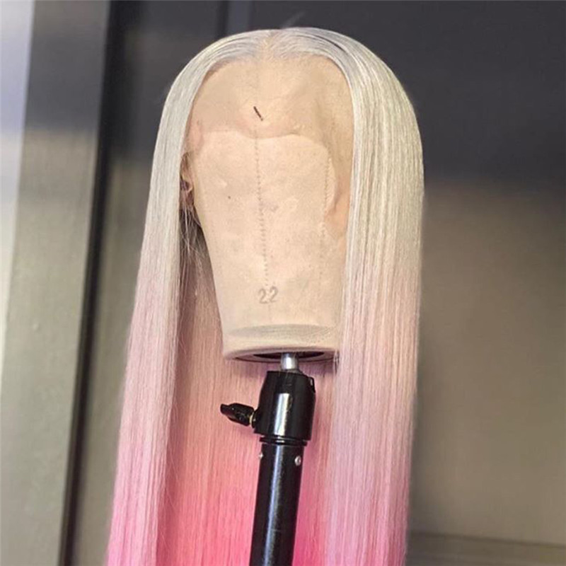Straight 13x4 Pink Grey Lace Front Wig Peruvian Remy Ombre Lace Front Wig 13x4 Colored Human Hair Wigs For Women - Image 4