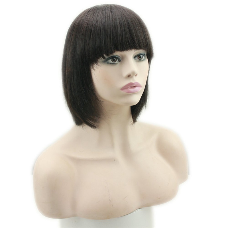 Human Hair Wigs With Bangs Short Bob Silk Straight Brazilian Human Hair Short Bob with Flat Bangs Machine Made Lace Wig for Women - Image 3
