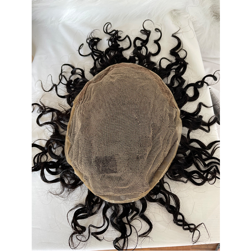 Pwigs Full French Lace Mens Toupee Loose Wave European Human Hair Replacement Systems for Men Hairpiece 10x8inch #1B Black Color - Image 6