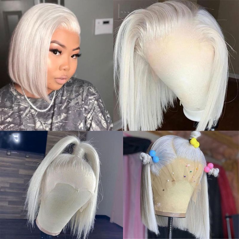 13x4 Bob Lace Wigs Platinum Blonde Colored Human Hair Lace Front Wig 60 Color White 150% Density Bob Wig - Image 4