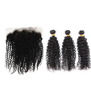 Jerry Curly 13x6 Human Hair Lace Frontal Closure Frontal Bleached Knots With Bundles Baby Hair Natural Color