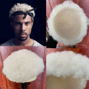 Alternative view of African American Wigs Full Swiss Lace Afro Curly Human Hair Pure White Hair 10x8inch Toupee For Men Human Hair Men's Toupee