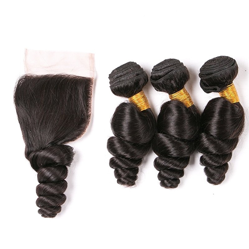 Lace Closure With 4x4 Free Part and 3 Bundles Loose Wave Natural Color Human Hair Unprocessed HairWeaves - Image 5