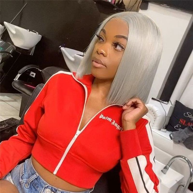 150% Density 13x4 Straight Bob Grey Human Hair Wigs Brazilian Hair Wigs Pre Plucked Bob Wig Transparent Lace Wigs Closure Wig