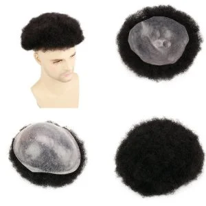 Afro Curl Human Hair Toupee For Mens Color Black Men's Toupee with Transparent Thin skin PU