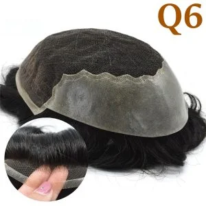 Alternative view of Pwigs Q6 Base for Men French Lace Front Mens Toupee Poly Lace Skin Hair System Mens Hairpiece Front Bleached Knot Natural Hairline Wig