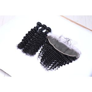 3Bundles 300g Brazilian Remy Human Hair Deep Wave Human Hair Wefts with Free Part 13x4 Lace Frontal Closures - Image 4