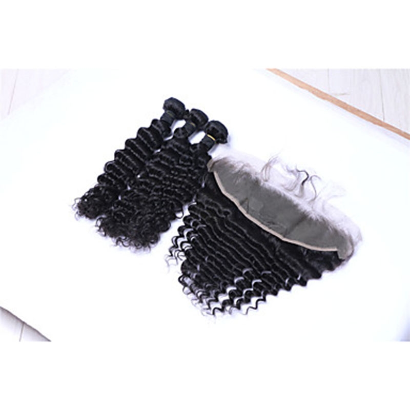3Bundles 300g Brazilian Remy Human Hair Deep Wave Human Hair Wefts with Free Part 13x4 Lace Frontal Closures - Image 4