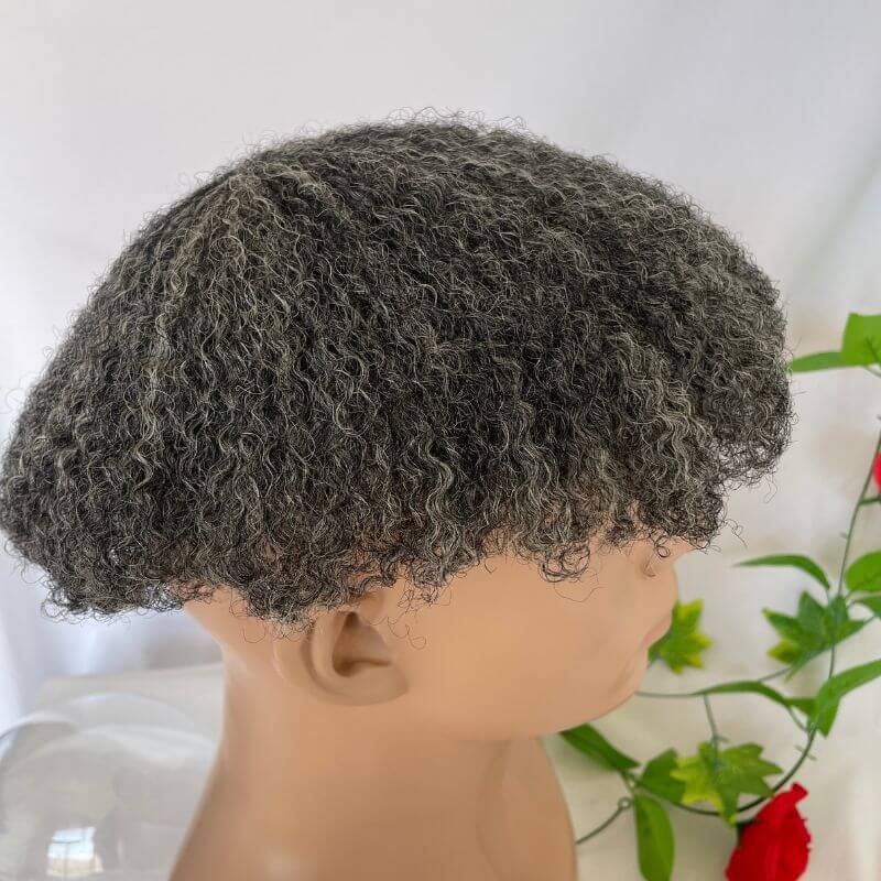 Men Toupee Human Hair Afro Curly 1B 50 Natural Black Mixed 50% Grey Toupee for Men 8x10 inch Afro Curl Toupee for Black Men Full French Lace Hair System 360 Weave Men Toupee Hair System - Image 2