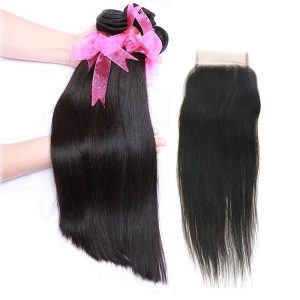 Straight Hair Bundles with Lace Closure Grade 9A Unprocessed Straight Peruvian Hair 3 Bundles and 4x4 Free Part Closures Natural Color - Image 3