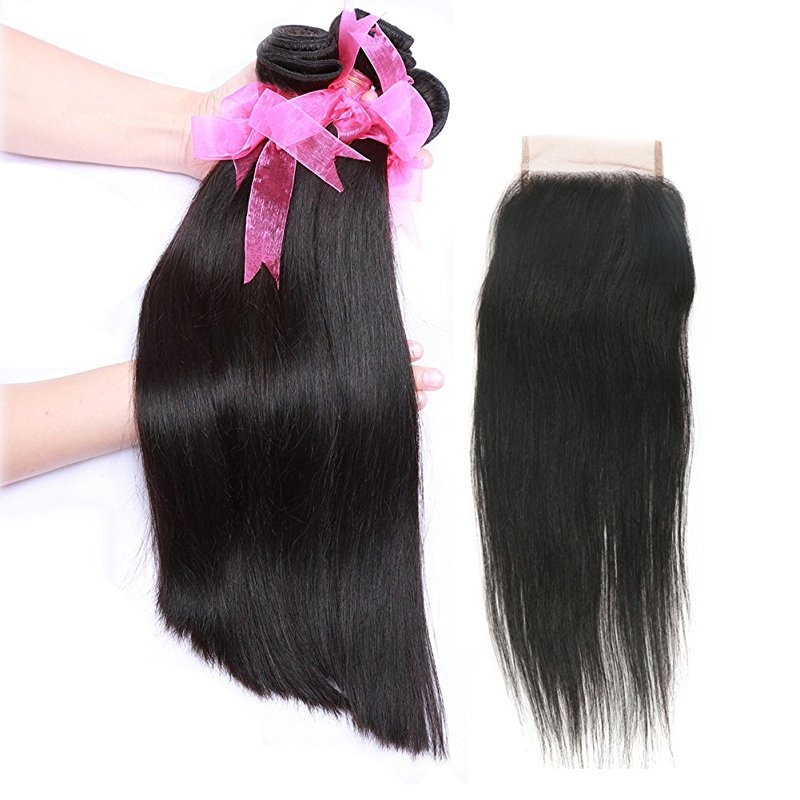 Straight Hair Bundles with Lace Closure Grade 9A Unprocessed Straight Peruvian Hair 3 Bundles and 4x4 Free Part Closures Natural Color - Image 3
