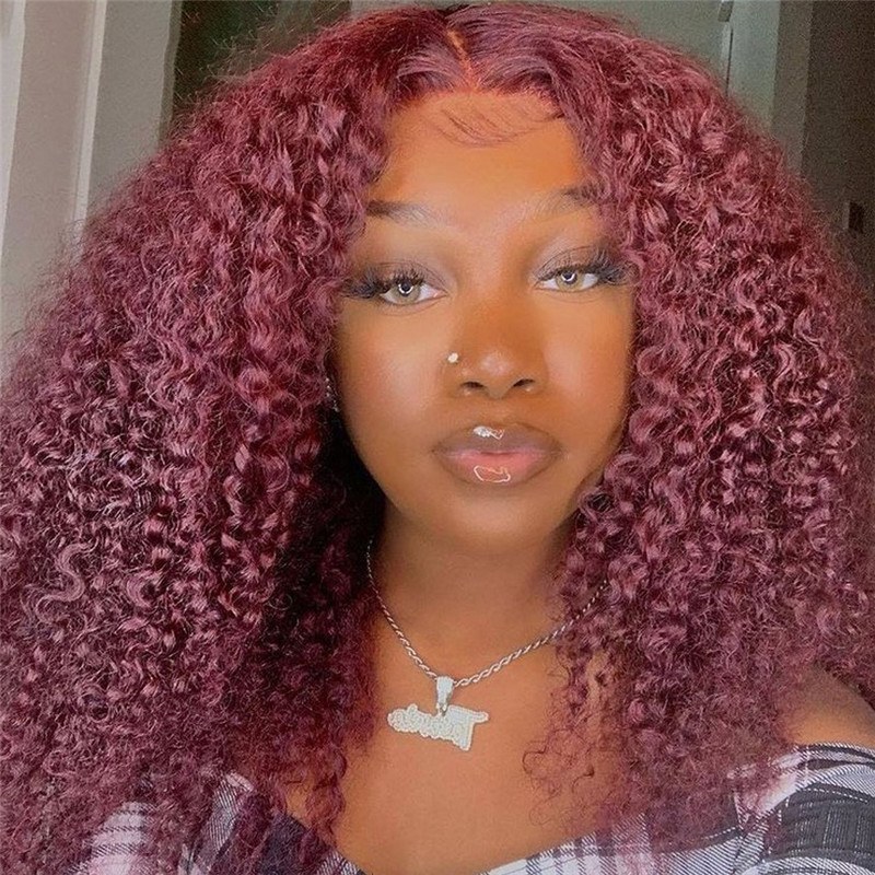 99J Human Hair Wigs For Women Red Kinky Curly Wig Brazilian Remy Hair Bob Wig Burgundy Lace Front Wigs Pre Plucked - Image 3