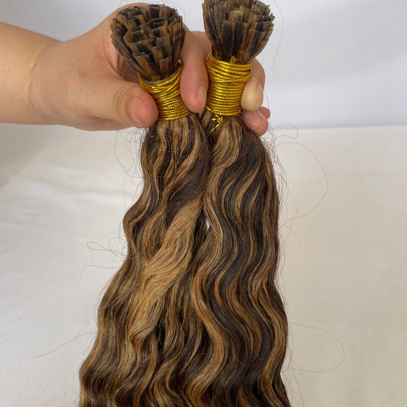 Flat K Tip Hair Extensions Real Human Cambodian Hair Highlight 4/27 Keratin Real Human Hair Flat Tip Keratin Hair Extensions Hot Fusion Flat Tip Extensions - Image 2