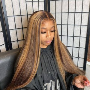 Ombre Straight Lace Front Wig Highlight 28Inch Lace Front Wig Brazilian Remy Highlight Wig Honey Brown Colored Human Hair Wigs - Image 2