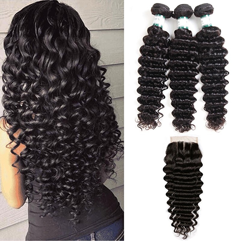 Brazilian Deep Wave 3 Bundles with Closure 8A Unprocessed Deep Curly Human Hair Extensions with Three Part Lace Closur Remy Hair