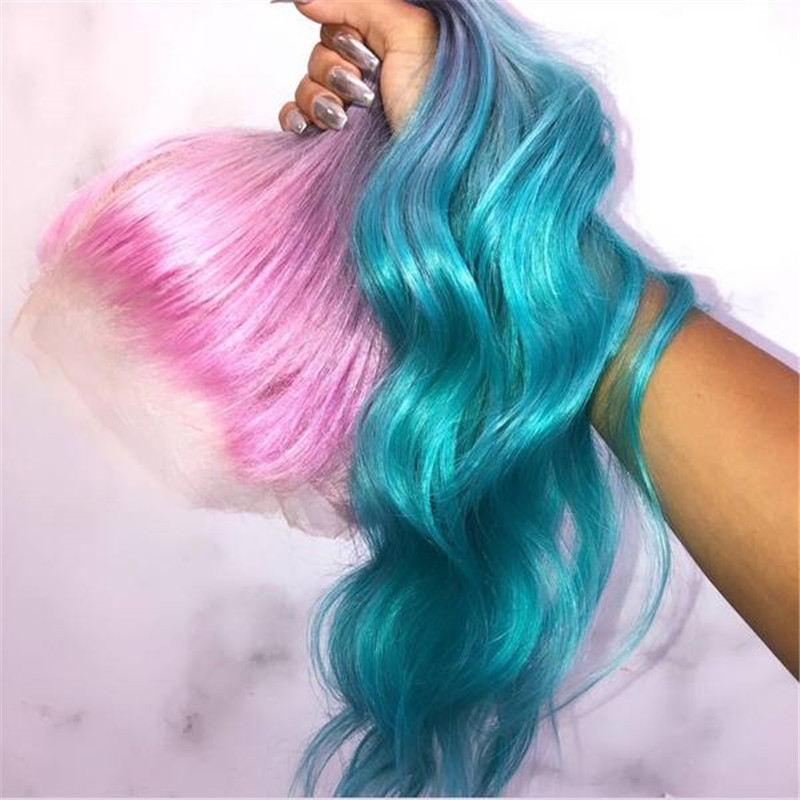Peruvian Hair Pink Blue Ombre Color Fashion Lace Front Wig - Image 3