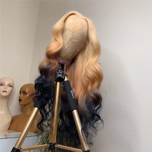 150% Density Body Wave #27 Honey Blonde Dark Blue Colored Human Hair Wigs For Women Brazilian Remy Hair Transparent Lace Wigs