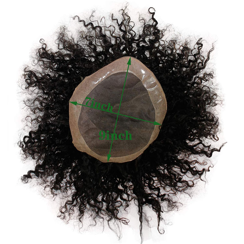 Toupee for Man 100% Human Hair Replacement Systems Men Hairpiece Mono Lace with PU Around Curly Wig 9x7inch 1B Color - Image 4