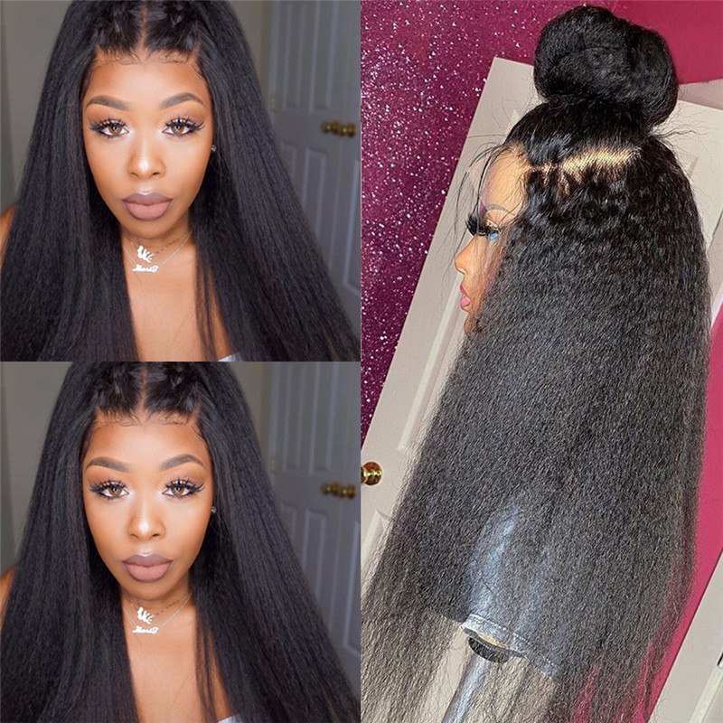 Kinky Straight 13x4 Lace Wig 150% Density Brazilian Remy Yaki Straight Human Hair Wigs For Women Pre Plucked Lace Front Wig - Image 3