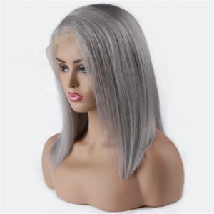 Alternative view of Human Hair Lace Front Bob Wig Silver Grey Straight Style