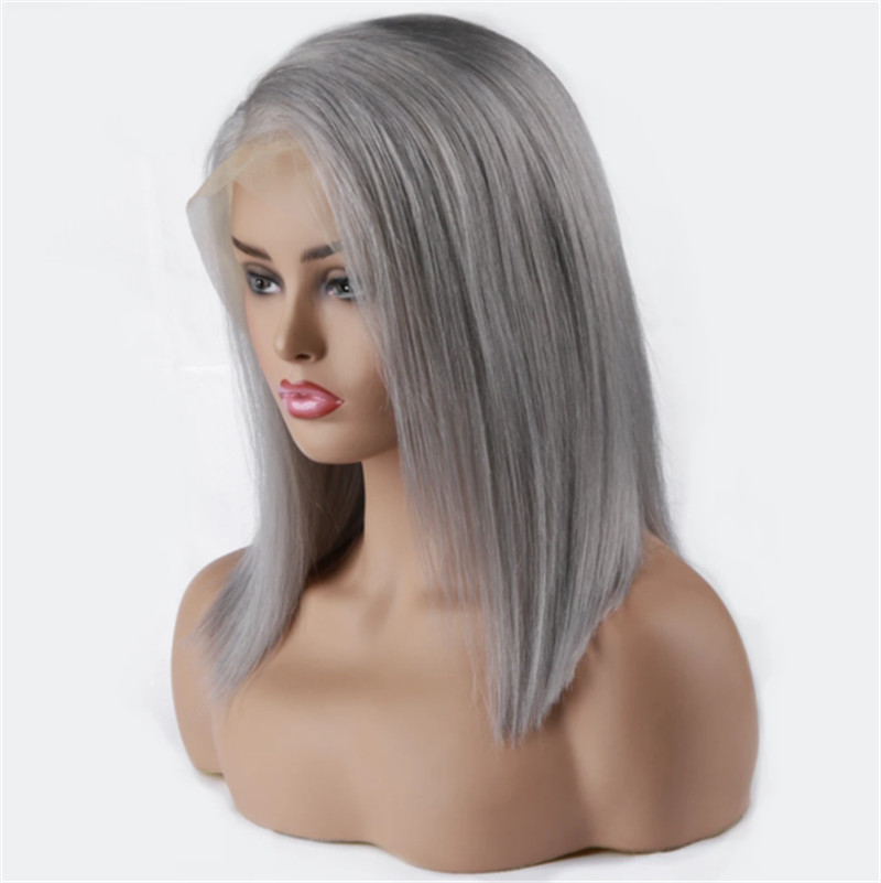 Human Hair Lace Front Bob Wig Silver Grey Straight Style - Image 2