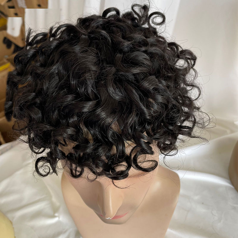 Pwigs Deep Wavy Human Hair Toupee Curly Mono Lace Skin Around Pu Toupee For Men Wave Replacement System Curly Wigs 10x8inch 1B Color - Image 4