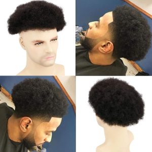 Pwigs Hairpiece Afro Toupee For Black Men Full French Lace Hairpieces African American Afro Kinky Curly Wave Units 150% Density Black Color