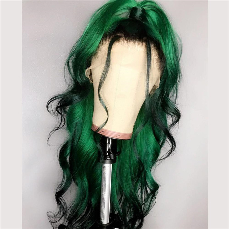 Human Hair Green Ombre With Dark Root Lace Front Wig Body Wave