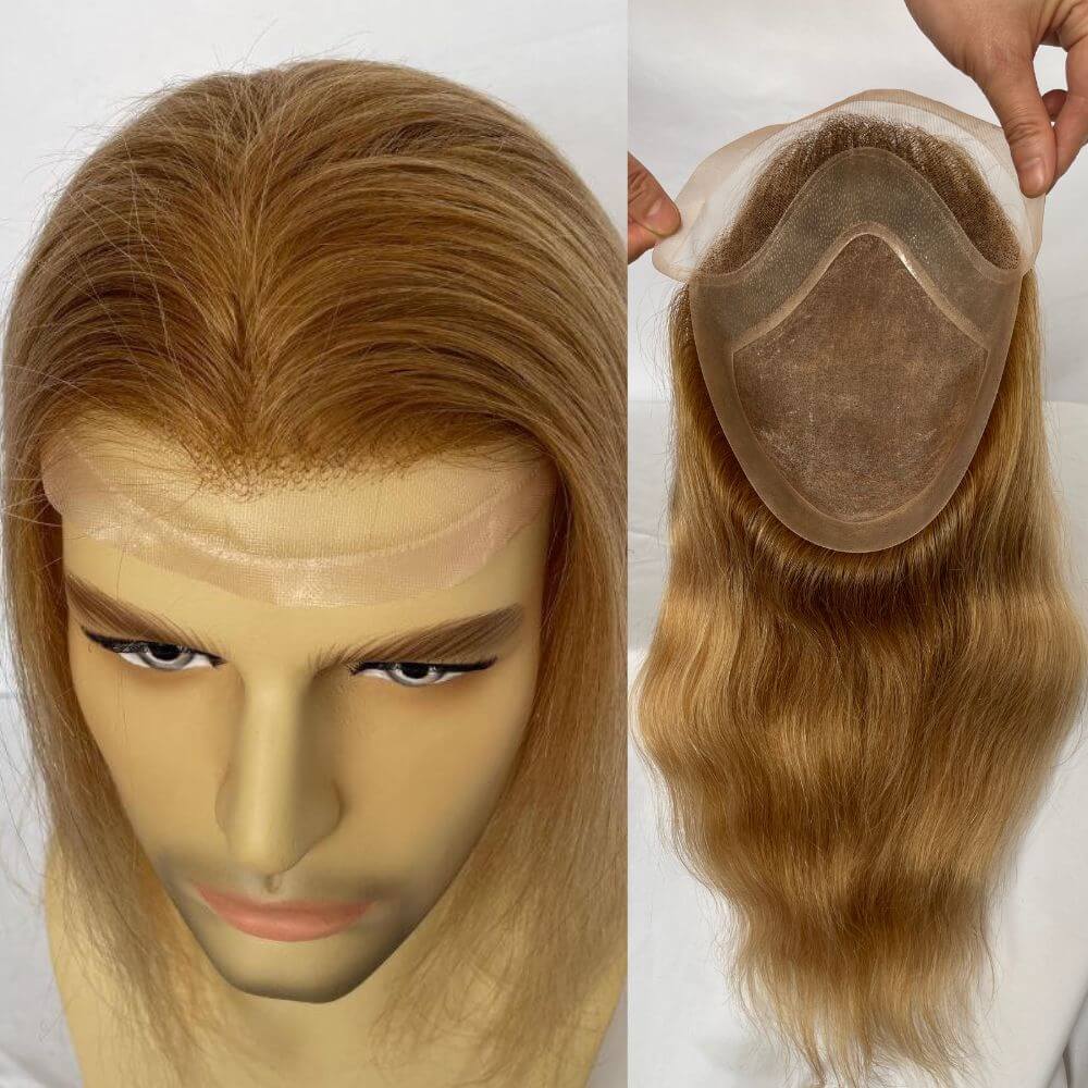 Silky Straight Wave 12 Inch Long Human Hair Toupee for Men 8x10 Hairpieces Human Hair Mens Toupee Mono Net with PU around Ombre Ash Blonde Color