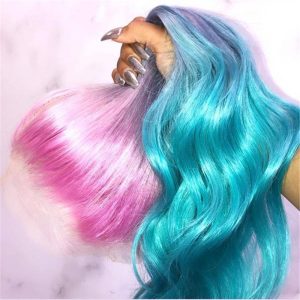 Peruvian Hair Pink Blue Ombre Color Fashion Lace Front Wig - Image 2