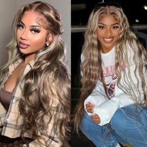 Ash Blonde Balayage Highlight Brazilian Straight Ombre Lace Front Wigs Human Hair Wigs - Image 4