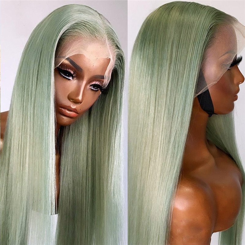 Green Ombre Human Hair Wigs For Women Brazilian Hair Lace Front Wigs Colored Wigs Straight Bob Wig Pre Plucked 150% Density - Image 3