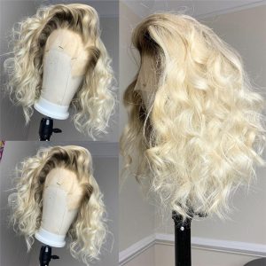 13x4 Wavy Bob Lace Front Wigs For Women Transparent Brazilian Remy #2/#60 Ash Blonde Bob Wig Brown Short Bob Human Hair Wigs - Image 2