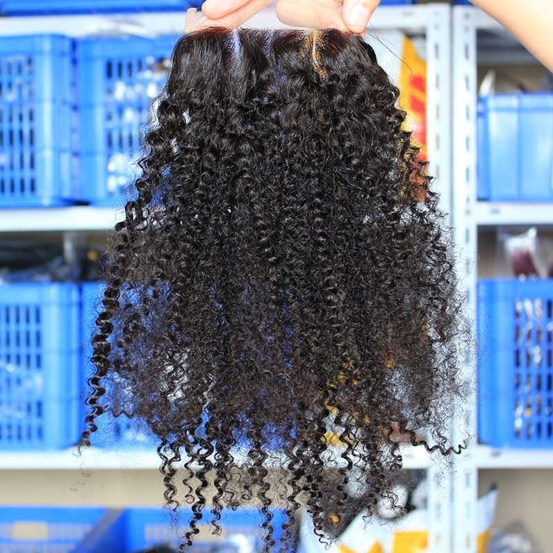 Human Hair Closures Malaysian Remy Hair Afro Kinky Curly Three Part Lace Closure 4x4inches Natural Color - Image 2