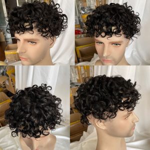 Alternative view of Pwigs Deep Wavy Human Hair Toupee Curly Mono Lace Skin Around Pu Toupee For Men Wave Replacement System Curly Wigs 10x8inch 1B Color