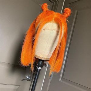 Human Hair Orange Color Straight Style Lace Front Bob Wig