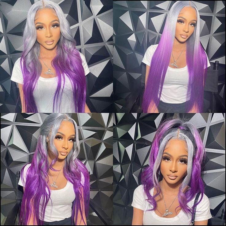 Silky Straight Wave Ombre Sliver and Purple Lace Front Human Hair Highlight Wigs 13x4 Lace Frontal Wig Long Hair Colored Lace Front Wig 150% - Image 3