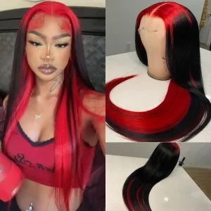 Ombre Lace Front Wig Demon Red & Black Two Tones Long Straight 13x4 Human Hair Lace Wig Colored Human Hair Wigs For Women 150%