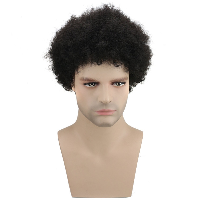 Human Hair Afro Curly Mens Toupee Hairpiece Wig Brazilian Remy Human Hair Short Kinky Curly None Lace Full Wig for Men (Nature Black) - Image 2