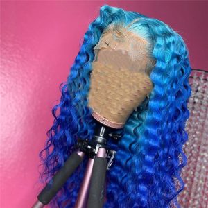 150% Density Deep Wave Blue Ombre Lace Front Wig Brazilian Remy Hair Blue Human Hair Lace Wig Pre Plucked Blue Colored Wigs - Image 5