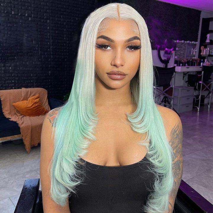 Straight Ombre 613 Blonde and Light Green Lace Front Human Hair Wigs 13x4 Lace Frontal Wig Long Hair Colored Lace Front Wig 150%
