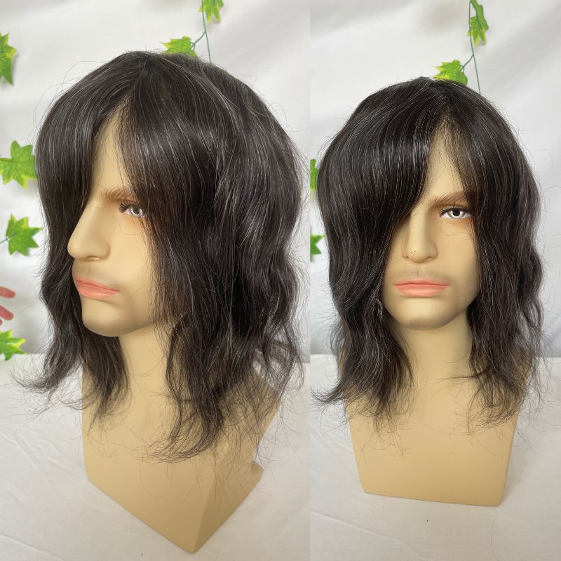 Men's Toupee #1B 20 ( 80% Remy Human Hair with 20% Synthetic Gray Hair ) Toupee for Men Cambodian Human Hair System Super Thin Skin Base Full PU Hairpieces 8x10 Inch V-Loop Hair Replacement - Image 4