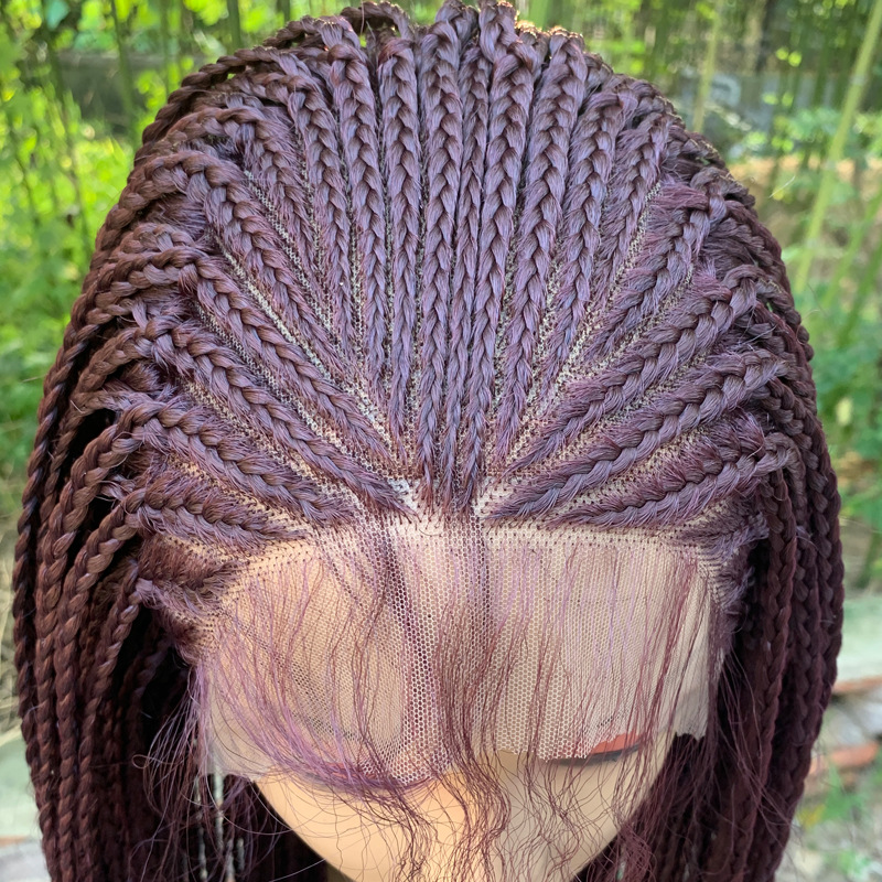Pure Handmade Box Braided Synthetic Hair Micro Braids Wig For Sale Lace Front Wigs With Baby Hair For Women Burgundy Color