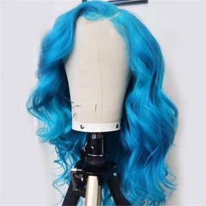 Real Human Hair Body Wave Ocean Blue Lace Front Wigs